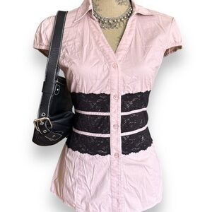 Guess Pink Button Down Blouse Shirt Top with Black Lace Detail